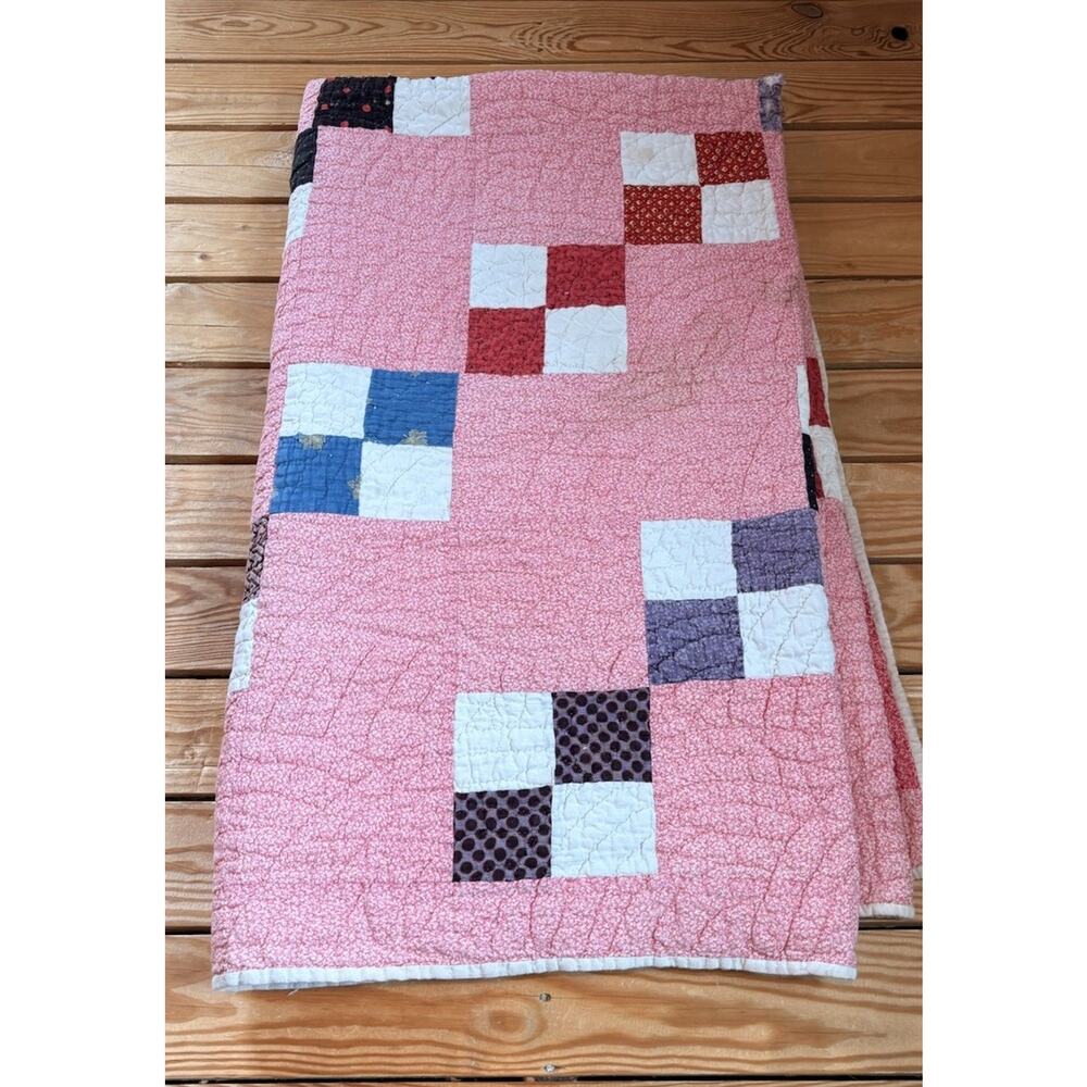 Vintage Handmade Patchwork Quilt Size 76x42 Pink M3 - Picture 4 of 8